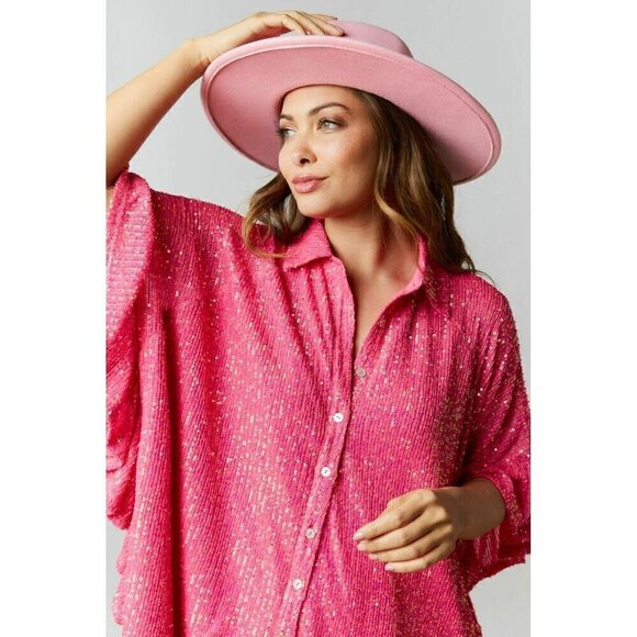 Sweet Dream Sequin Poncho Button-Down Tunic in Hot Pink - Picture 5 of 9